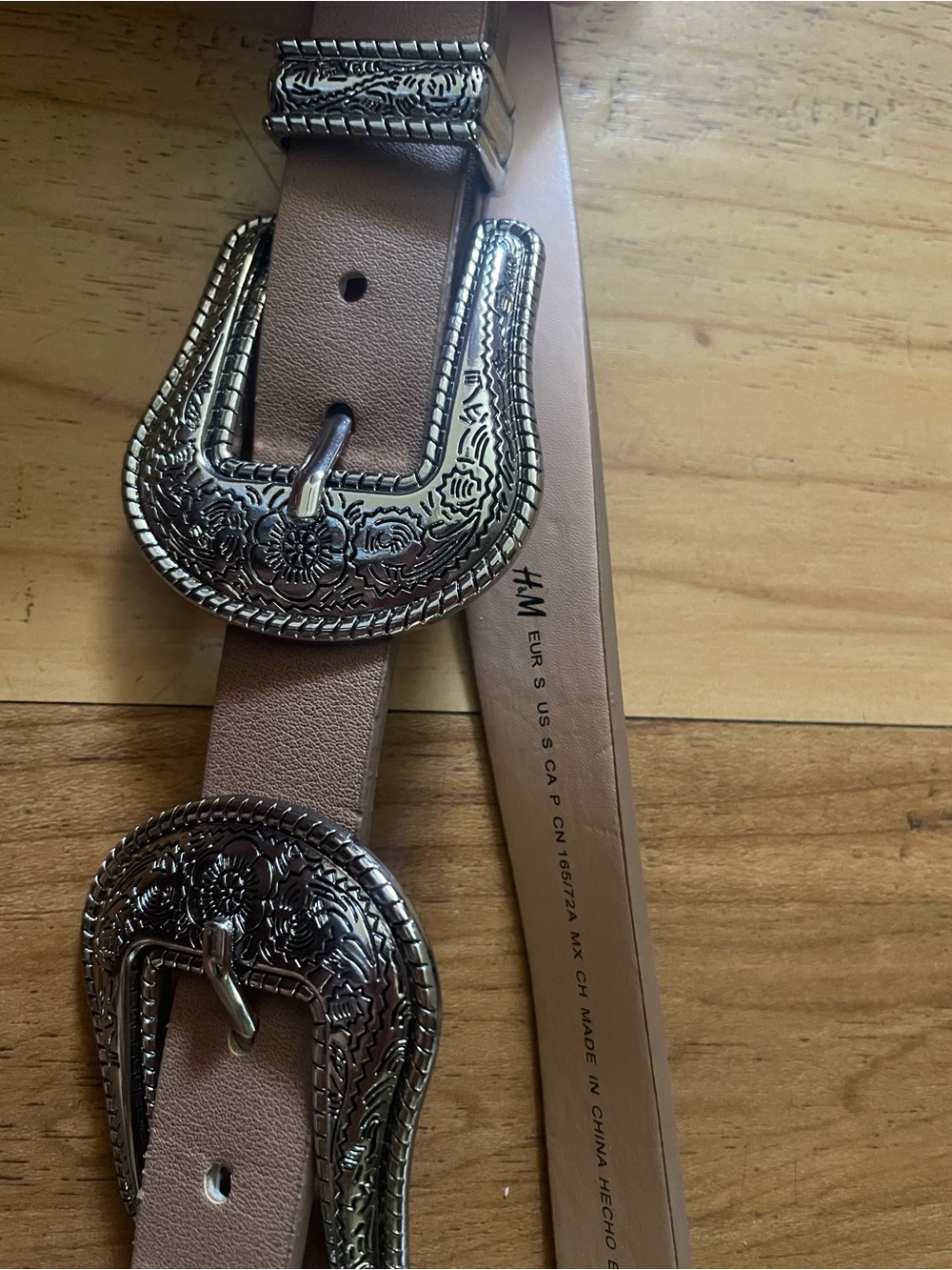 H&M Tan Faux Leather Double Buckle Belt with Silver Western Buckles